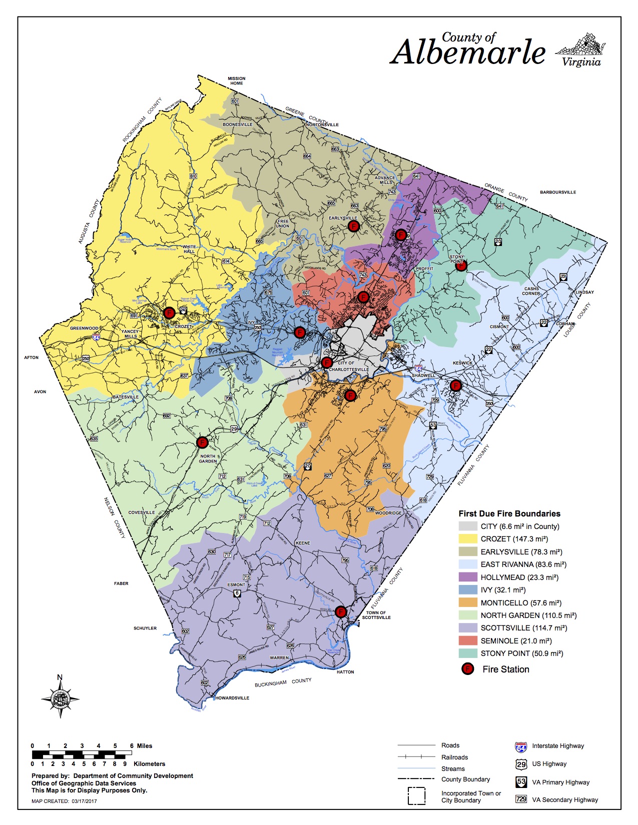Albemarle County First Due Fire Response Areas — Station 3 (North Garden) shown in green